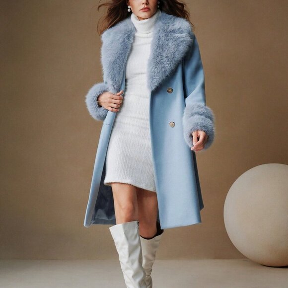 Jackets & Blazers - Blue And White Elegant Women's Faux Fur Collar Wool Blend Long Belted Coat